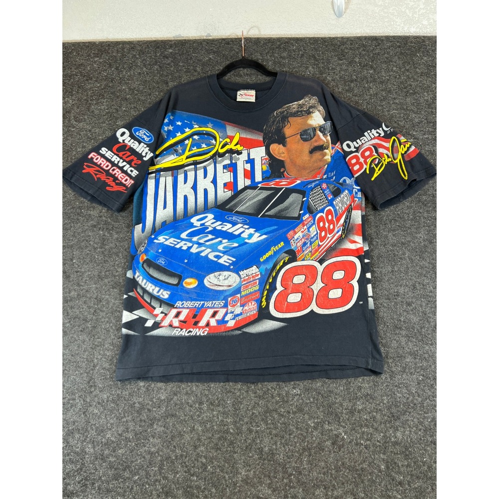VTG 1996 Dale Jarrett NASCAR Shirt #88 Ford Racing All Over Print Mens Large USA